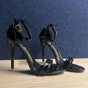 Black Patent Leather Open Toe Sandal Heels with Ankle Strap